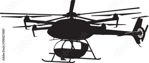 Black helicopter silhouette, aircraft icon, vector illustration, transportation symbol