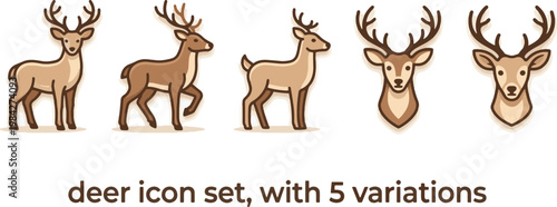 Set of deer icons featuring five variations including standing, walking, side view, and head illustration in clean flat design style.