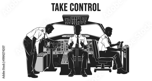 Pilots in cockpit take control of aircraft during flight simulation