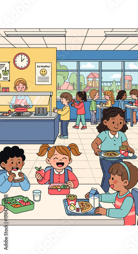 Children enjoying their meals in a bright and busy school cafeteria during lunchtime.