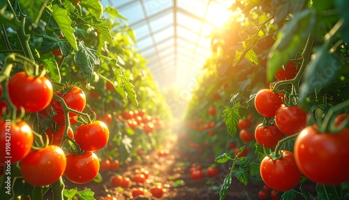 Lush greenhouse with rows of vibrant red tomatoes