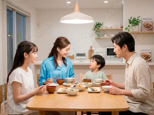 家族4人で食卓を囲む夕食の風景