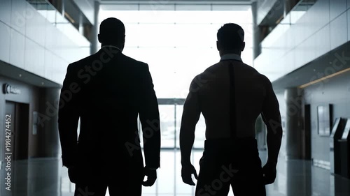 Bodyguard Silhouetted Figures in Modern Office Building Lobby