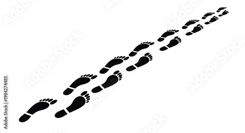 A series of dark footprints visually depict a path traveling diagonally across a bright white background silhouette high quality professional detailed modern elegant stylish