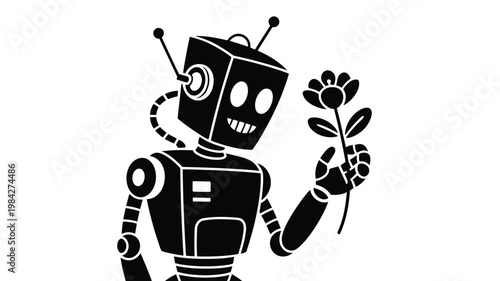 Cute friendly robot holding a flower in a futuristic illustration design