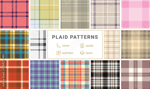 Balanced plaid pack designed for interface backgrounds. Orderly tartan grids support readability. Vector precision keeps edges clean.