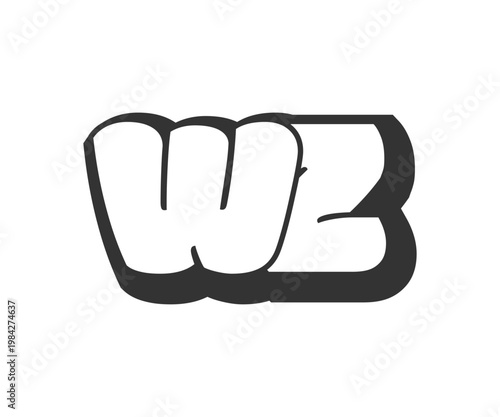 WZ logo, bubble comic lettering, rounded in graffiti style black and white silhouette. Trendy preschool W and Z letter text for festival party, personal initials, children funky print and web.