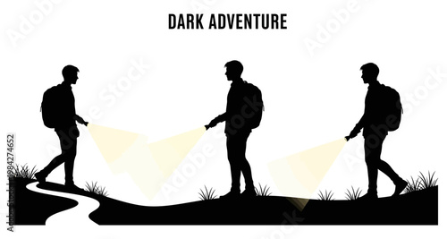 Silhouette of hikers with flashlights exploring a dark landscape at night