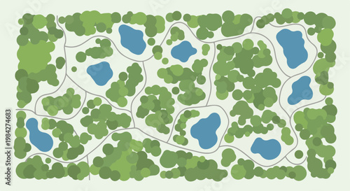 Top-down aerial view map of green park with lakes and winding paths