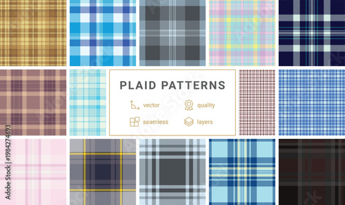 Autumn themed plaid bundle created for invitations. Tartan backgrounds add seasonal character. Vector output remains refined.