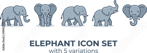 Set of elephant icons featuring five variations including walking, standing, front view, and trunk up poses in clean flat illustration style.