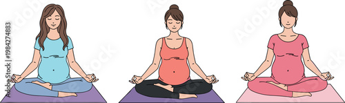Pregnant women practicing yoga meditation in lotus pose with different outfits isolated vector illustration for prenatal wellness and fitness