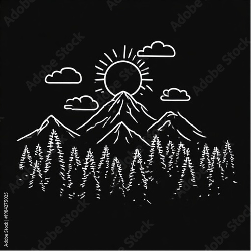 White Line Mountain Landscape on Black Background