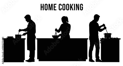 Silhouettes of people cooking in a modern kitchen during a home meal preparation