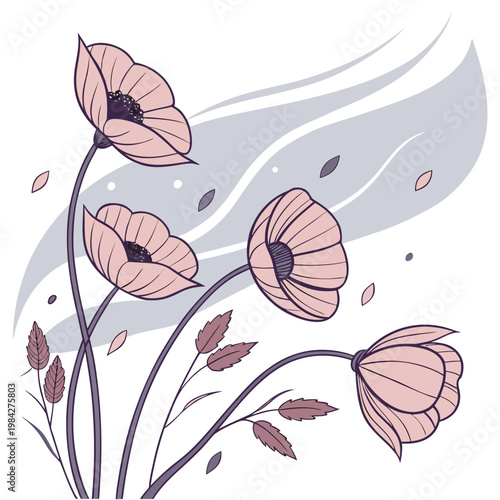 Whimsical poppies with expressive petals and flowing leaves caught in a playful gust of wind, a stylized nature scene with cool tones, isolated on white.