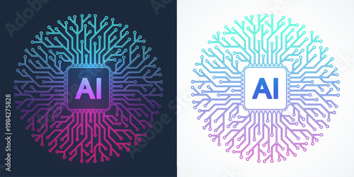 Modern handmade vector icon, sign, logo circuit line style in the Artificial intelligence concept. Set AI processor icon flat design. Motherboard digital chip AI.