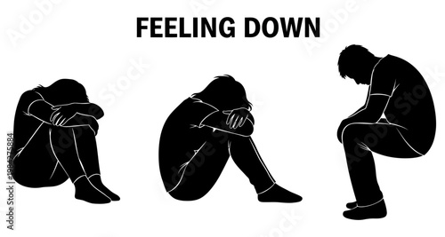 Silhouettes of people feeling down in a group with copy space