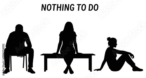 Silhouettes of three people sitting and waiting with boredom