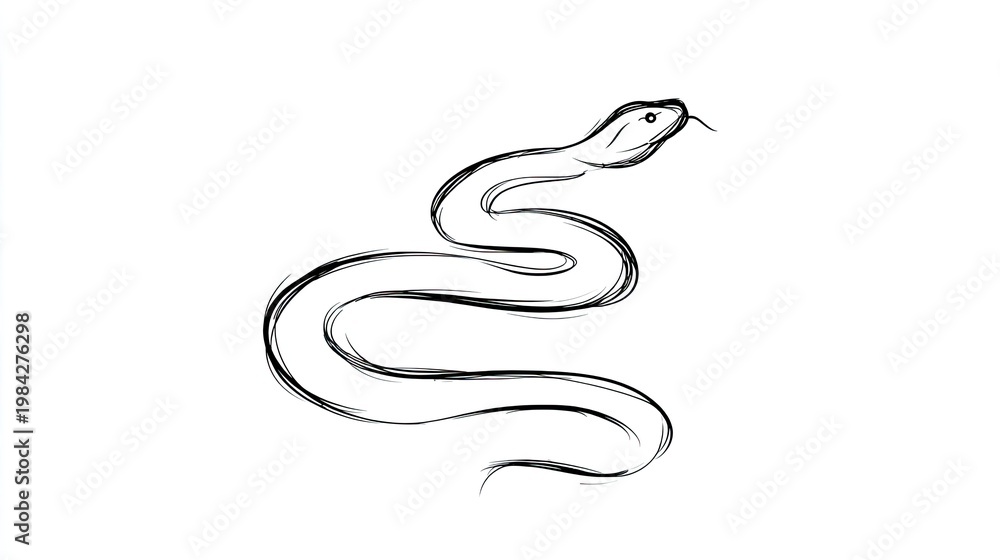 Fototapeta premium Simple sketch drawing depicts a coiled reptile with its head raised and tongue extended