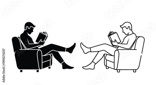 Two figures are depicted seated in armchairs deeply engrossed in reading books presented in a striking silhouette high quality professional detailed modern elegant stylish