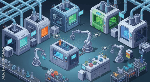 Isometric smart factory illustration Advanced 3D printers, robotic arms, and automated production lines showcasing modern manufacturing innovation
