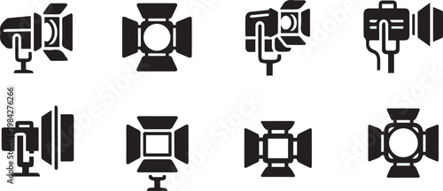 Video production and camera equipment icon set with film camera lighting and media tools vector
