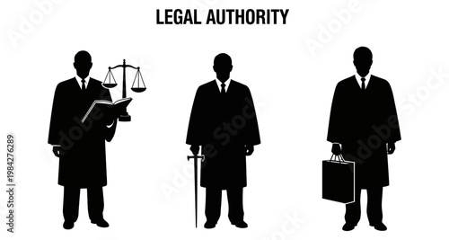 Silhouettes representing legal authority with book scale cane and briefcase