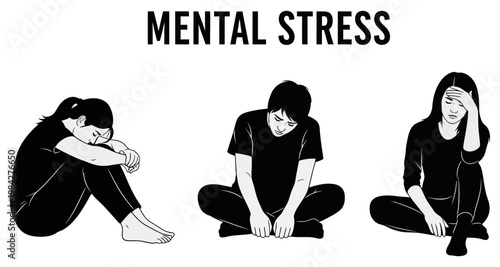 Three figures in silhouette depicting mental stress and depression sitting down