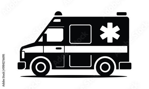 Ambulance Silhouette Vector, Emergency Medical Vehicle Black Icon, Hospital Transport Rescue Design on White Background