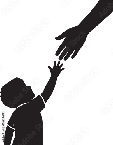 A child reaching out to grasp an adult's hand in a silhouette image silhouette vector icon