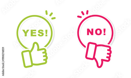Yes and no button with thumbs up and thumbs down icons, vector, sticker.
