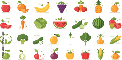 Flat Vector Illustration Set of Fresh Fruits and Vegetables Icons Including Apple Banana Carrot Broccoli and Watermelon Isolated on White Background for Healthy Organic Food Lifestyle Design Concept