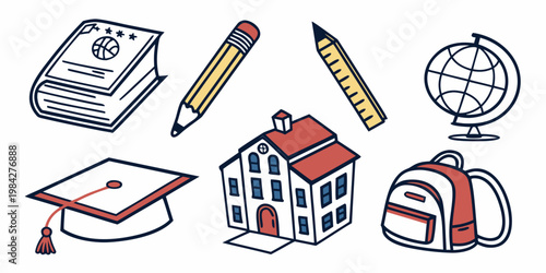 Education and academic icon collection including school building ruler pencil globe backpack graduation cap illustration with education collection academic learning graduation mortarboard