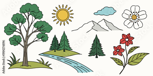 Hand drawn botanical and nature icon collection with leafy trees mountain peaks river and flowering plant branches environment mountain landscape botanical illustration collection wilderness