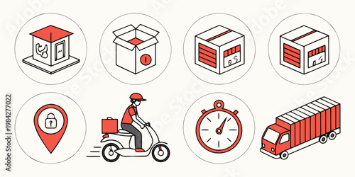 Logistics and shipping service icons showing delivery scooter storage boxes tracking and transport with logistics shipping delivery transport tracking warehouse management location security