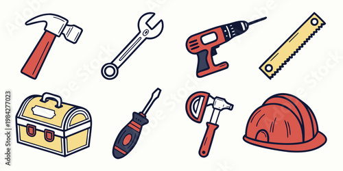 Construction and hardware workshop tools icon set featuring drill hammer wrench saw toolbox and helmet construction hardware equipment handyman carpentry maintenance industry industrial
