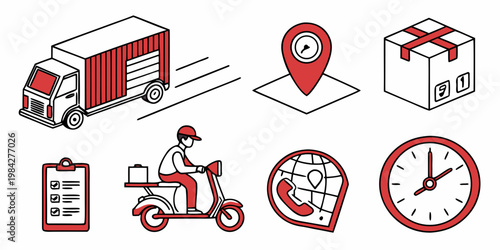 Set of courier delivery icons featuring a transport truck parcel delivery driver on scooter checklist global communication clock for logistics business delivery logistics shipping transport