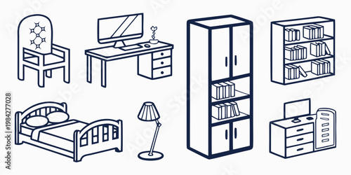 Set of home and office furniture line icons including chair computer desk wardrobe bookshelf bed lamp for interior design with furniture interior wardrobe bookshelf computer workspace furnishing