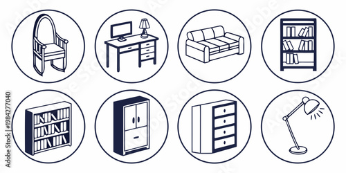 Circular collection of furniture icons depicting living room and office items with furniture circular interior bookshelf computer lifestyle illustration minimalist collection equipment