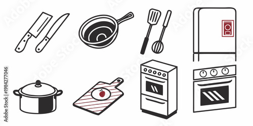 Kitchen appliance and cookware icons including refrigerator oven pan utensils with appliances cookware refrigerator utensils culinary equipment domestic breakfast illustration minimalist