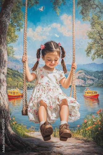 Happy little girl sitting on wooden swing by the lake in summer park