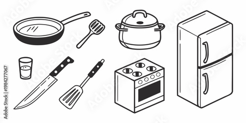 Assorted kitchenware and cooking equipment icon set featuring refrigerator and stove equipment cookware refrigerator utensils culinary domestic preparation breakfast illustration minimalist