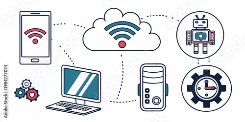 Cloud computing and wireless network connection icons with robot and gears computing wireless technology smartphone computer internet connectivity synchronization automation communication