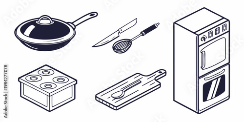 Kitchen cookware and appliance collection with oven pan kitchen tools cookware appliances equipment culinary domestic preparation breakfast illustration minimalist collection background