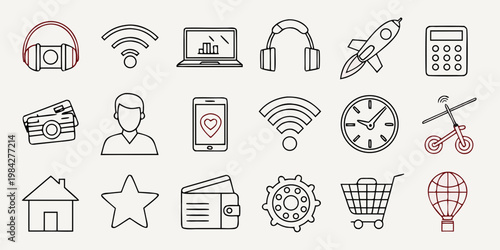 Creative collection of professional business and technology line icons for graphic projects with business technology collection headphone calculator smartphone location transport settings