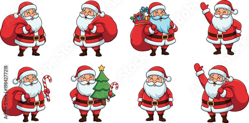 Santa Claus cartoon character set with gifts sack candy cane and Christmas tree in different poses isolated vector illustration