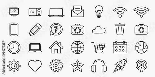 Comprehensive set of modern web and interface line icons with interface technology communication software internet business connectivity settings calendar shopping location envelope