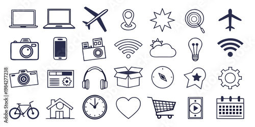 Collection of web design and application user interface icons with interface software technology communication business ecommerce shopping internet transport calendar location settings