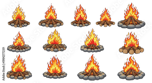 Cartoon campfire collection with 12 vector icons, burning wood logs and stone pits, outdoor camping fire set for adventure and tourism design