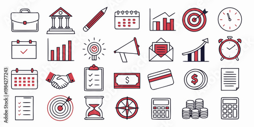 Business and finance doodle icon set collection with business marketing management strategy briefcase calendar handshake checklist calculator creditcard megaphone investment documents